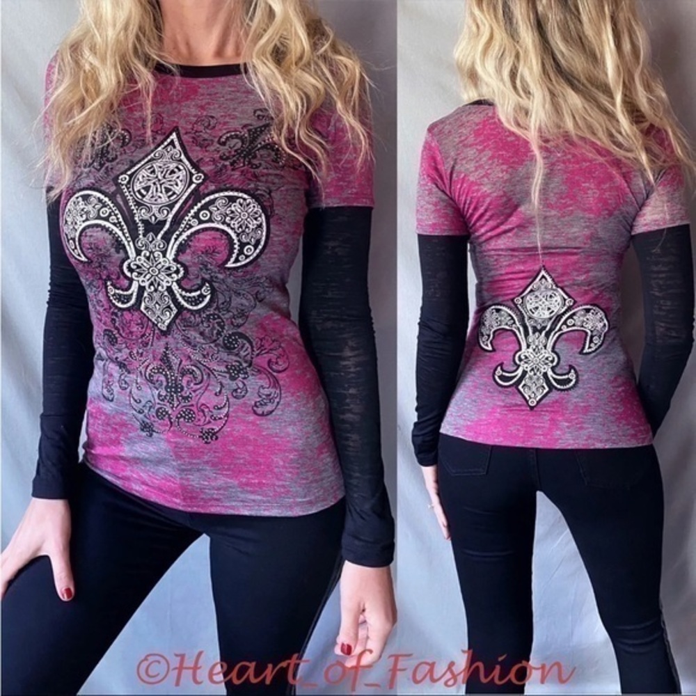 Vocal Burnout Embellished Graphic Long Sleeve Top Fuchsia